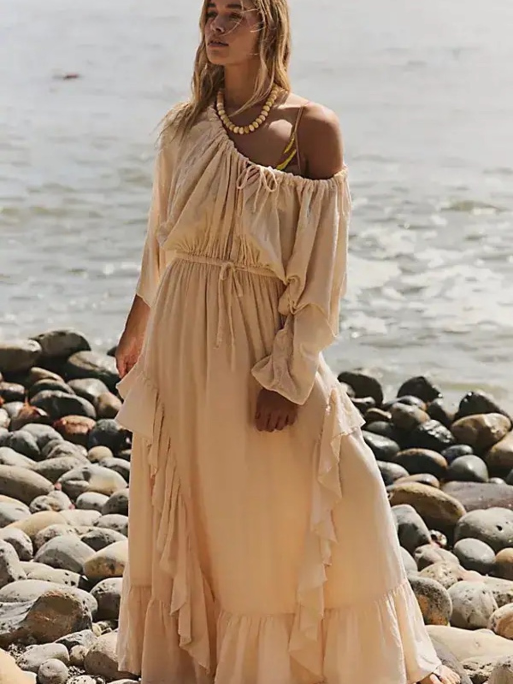 Free People buttercream Ruffle Maxi Dress nwt small-adjustable drawstrings